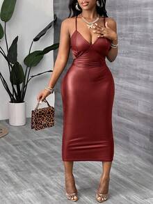 Slaydiva Summer New Style Elegant Sexy Strapless Back Cross Design Backless Waist Slim Midi Skirt Black PU Women's Dress