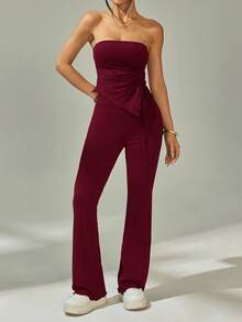 SHEIN PETITE 2 件套：褶饰抹胸上衣，不对称下摆，喇叭裤 - 酒紅色 - 查看 4