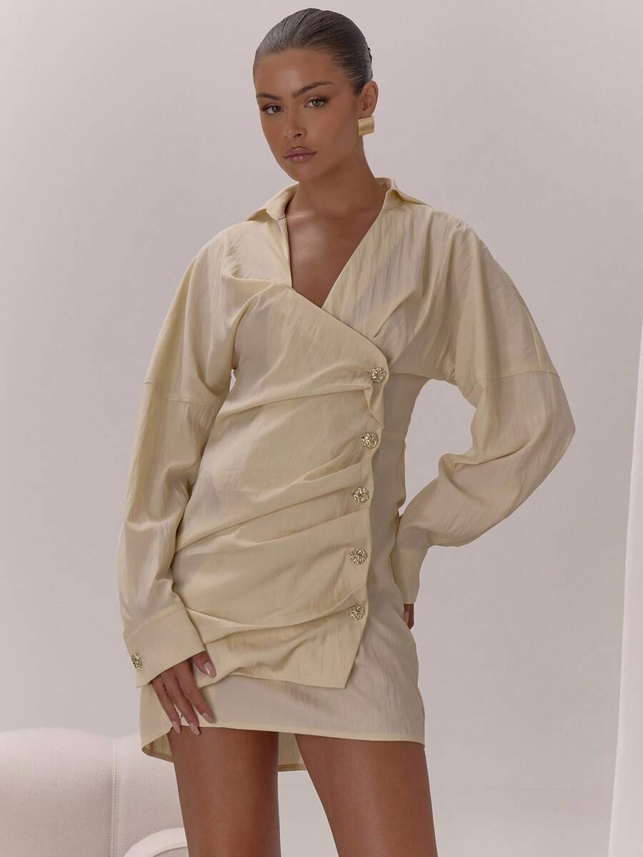 MUSERA فستان قصير أنيق وجذاب للخروجات الليلية والمناسبات والعطلات الصيفية، بتصميم لف غير متماثل مع تفاصيل تريم - لون مشمشي - مشاهدة 1