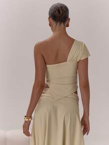 MUSERA 单肩垂褶交叉前襟不对称下摆修身上衣，优雅性感，适合夜晚外出、度假、秋季叠穿、冬季派对、圣诞节等场合，尽显优雅假日风情，舒适百搭。 - 杏色 - 查看 2