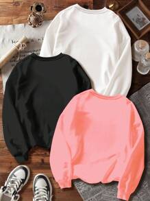 SHEIN Set de 3 sudaderas de manga larga con forro térmico grueso, con estampado retro, genial y lindo, aptas para otoño/invierno, en color negro, blanco y rosa, para niñas jóvenes