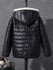 SHEIN 1pc Tween Boy Fashionable Thermal Lined Hooded Jacket, Winter Fall - Black - View 3