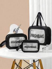 1/3 件防水盥洗包、化妆包、大号透明化妆包、化妆品收纳包、PVC 加厚洗漱包，适用于旅行和浴室收纳、护肤品收纳袋便携式旅行包、大容量（白色） - 黑色. - 查看 2