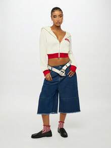 SUMWON WOMEN Wide Leg Baggy Denim Jorts With Raw Edge Hem Detail Casual Cutoff Bermuda Culottes Street Style Y2K Fashion Loose Fit Knee Length Relaxed Bottoms - Blue - View 5