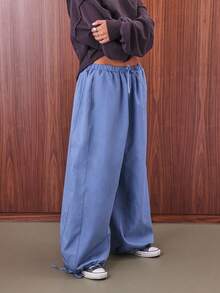 COUREZ Quần ống rộng cạp thấp kiểu quần dù với họa tiết sinh viên / Trang phục đi chơi phong cách Y2K mùa thu, quần áo nữ mùa thu, quần áo mùa đông, quần ống rộng đi học. - Màu xanh lam - Xem 4