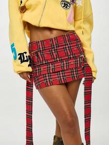SUMWON WOMEN Holiday Festival Plaid Mini Skirt Studded Tartan Check Pattern Belt Detail High Rise Grommet Winter Party Club Short Skater Skirt - Multicolor - View 6