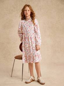 Girls' Round Neck Long Sleeve Patchwork Hem Vacation Dress - Multicolor - View 5