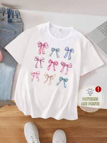 SHEIN 年輕女孩簡約方格蝴蝶結短袖T恤，休閒風格 - 白色 - 查看 1