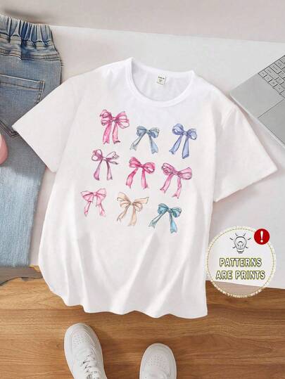 SHEIN 年輕女孩簡約方格蝴蝶結短袖T恤，休閒風格