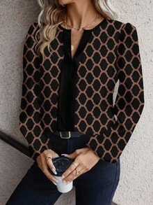 SHEIN Clasi قميص نسائي كاجوال بأكمام طويلة ذو نمط هندسي بسيط، مناسب للربيع والخريف - الأسود - مشاهدة 5