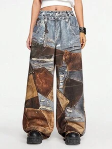 ROMWE Street Life Y2K 街头潮流朋克拼布印花宽松阔腿牛仔裤 - 彩色 - 查看 1