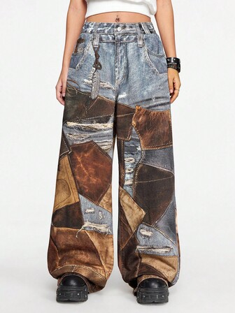 Street Life Jeans ampi e larghi con stampa patchwork in stile streetwear punk Y2K
