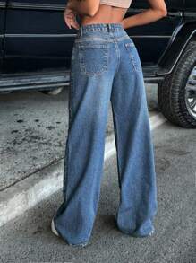 EURMUSE Quần jeans ống rộng cạp trễ cổ điển 100% cotton - Rửa trung bình - Xem 2