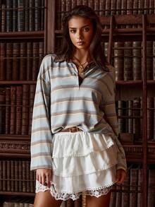 Athîral 女式条纹 Polo 领落肩长袖休闲宽松 T 恤 - 彩色 - 查看 1