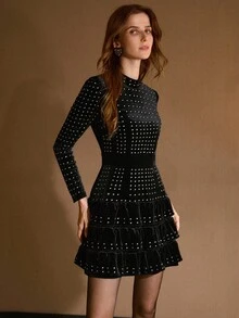 MOTF PREMIUM VELVET RUFFLE HEM MINI DRESS - Black - View 4