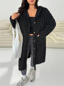 Solflare Plus Size Textured Thick Double-Sided Fleece Long Jacket, Autumn/Winter Fall Plus Size Winter Clothes - Black - View 4