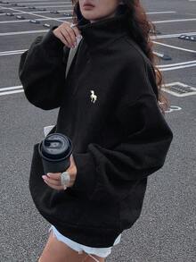 DAZY Color Block Collar Thermal Lined Loose Fit Sweatshirt For Women Fall/Winter Y2k - Black - View 8