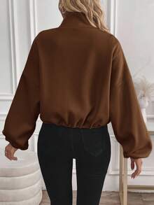 Easowa 女士拉链抽绳长袖保暖抓绒时尚休闲立领卫衣，棕色，秋冬季 - 棕色 - 查看 2