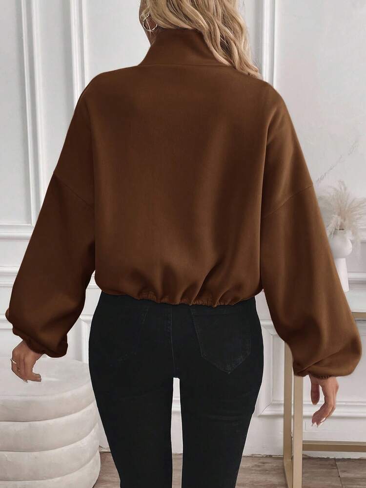 Easowa Sudadera con cremallera, cordón y manga larga de forro polar cálido, de estilo casual y cuello alto para mujer, color marrón para otoño e invierno - Marrón - Añade 2