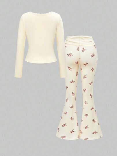 J-Fashion Blouse en dentelle brodée avec motif de cerf assorti à un pantalon évasé imprimé cerf, automne/hiver