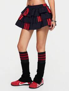 ROMWE Street Life 机车风多层褶皱裙，带有红色条纹装饰 - 黑色 - 查看 6