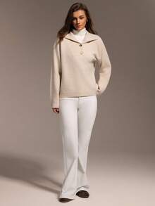 Hanevo Casual Solid Color Minimalist Navy Collar Button Design Knit Sweater, Autumn/Winter New Arrival - Apricot - View 6