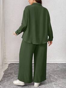 INAWLY 大码女式纯色长袖单排扣衬衫和阔腿裤休闲套装，秋季 - 軍綠色 - 查看 2