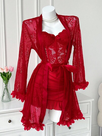 Set: 3D Bloemen Kanten Robe Fishbone Waist Camisole Nightgown Rood Lingerie Set Two Piece view 6