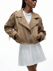 Aveloria GENKIRA Chaqueta corta de estilo motero de mujer con diseño de cordones en estilo vintage punk de PU - Caqui - Ver 3
