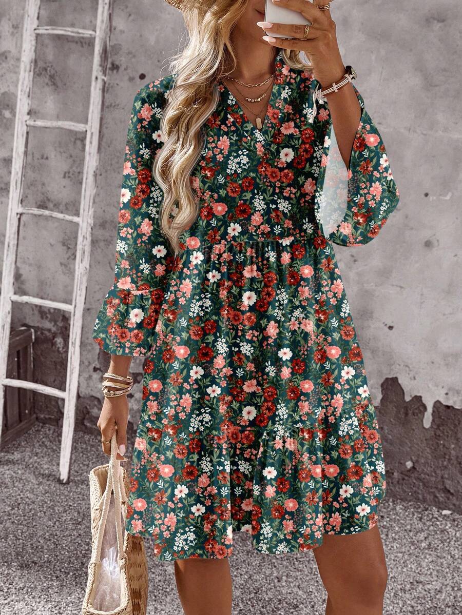 EMERY ROSE 休闲简约花卉图案女式短裙，适合夏季时尚连衣裙波西米亚风连衣裙女式夏季连衣裙长袖花卉连衣裙度假连衣裙花卉连衣裙女式 - 彩色 - 查看 1