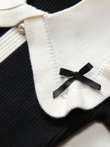 Souflis Souflis Váy len cổ bẻ cho bé gái, váy dệt kim dài tay trang trí nơ, phong cách học thuật, thích hợp mặc hàng ngày, đi chơi, ngày lễ và tiệc tùng, có thể dùng làm quà tặng - màu đen - Xem 4