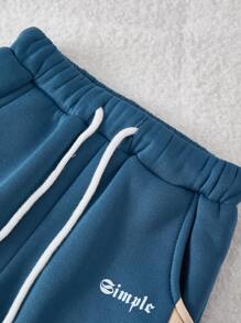 SHEIN Playful Pals 2 件套幼儿男童运动服套装，字母印花“SIMPLE”设计，套头连帽衫和配套裤子，舒适休闲装，适合日常、运动、街头、学校、家庭搭配、秋冬 - 彩色 - 查看 7