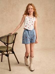 Conjunto de 2 piezas para niñas preadolescentes compuesto por top de tirantes y shorts, apto para el verano - Blanco - Ver 4