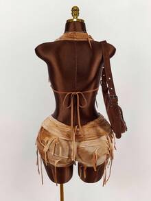 Amplova 2 件套：深垂领露背上衣和独特面料的破洞迷你短裤 - 彩色 - 查看 7