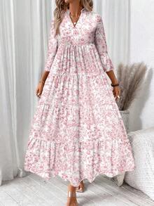 SHEIN LUNE Váy dài tay cổ chữ V họa tiết hoa màu nước dành cho nữ, phù hợp cho mùa hè - Nhiều màu - Xem 4