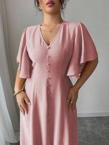 Elenzga 大码女式春夏法式优雅通勤休闲度假下午茶波西米亚风 V 领纽扣装饰 A 字开衩喇叭袖长裙 - 粉色 - 查看 5