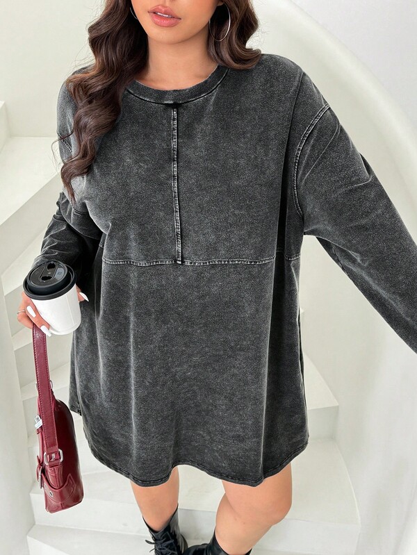 Solflare Plus Size Casual Snowflake Printed Thick Fabric T-Shirt Dress, Autumn Acid Wash Dress Long T Shirt Women