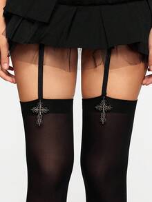 ROMWE Grunge Punk 1 Pair Gothic Dark Pattern Suspender Tights, Fashionable & Sexy Women Tights - Black - View 5