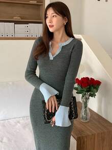 DAZY 女式复古时尚修身长袖撞色纽扣半开襟针织连衣裙女式毛衣裙 - 灰色 - 查看 5