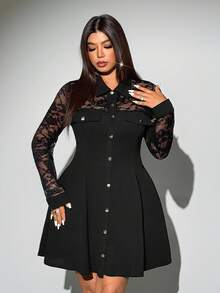 Viva Relle Váy dài tay chắp vá ren cỡ lớn - màu đen - Xem 2