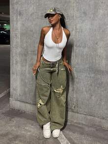 StreetHx Jeans de mujer de pierna ancha y suelta con botones - Azul - Ver 2