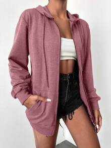 SHEIN Petite Size 100%Cotton Solid Zip Up Drawstring Hoodie - Dusty Pink - View 3