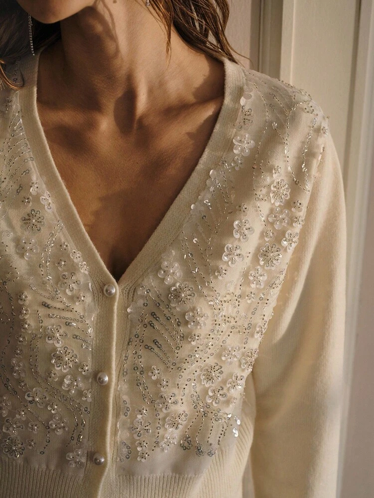 CONTRAST FAUX PEARLS AND SEQUINS V-NECK CARDIGAN