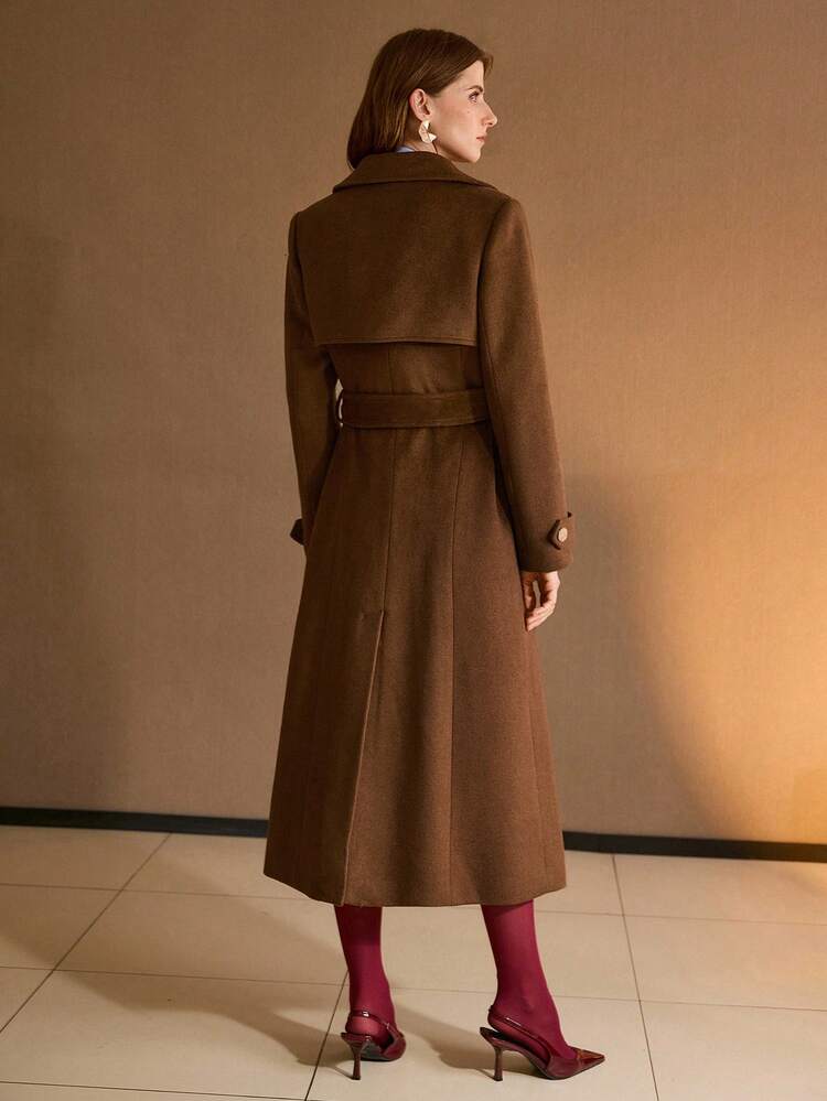 WOOL SOLID LAPEL COLLAR DOUBLE BREASTED PLACKET BELTED OVERCOAT