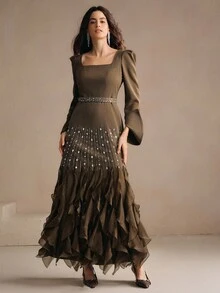 Anewsta Váy dạ hội đuôi cá dài đính hạt thanh lịch, váy dạ hội cao cấp cho mùa thu, đông, năm mới, tiệc tùng, đám cưới - màu nâu - Xem 3