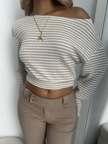 Aloruh 新款时尚不对称肩部休闲条纹长袖T恤，不对称肩部设计，上衣宽松，下装紧身，显瘦，杏色 - 杏色 - 查看 3