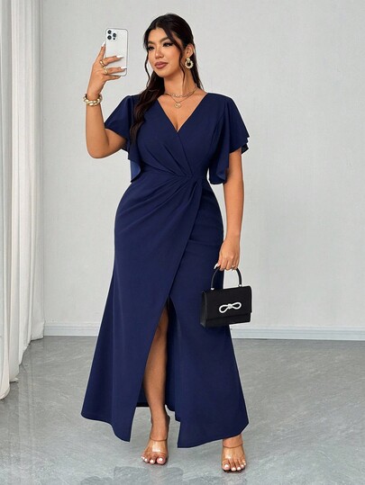 Elenzga Vestido formal ligero de talla grande, elegante y romántico con mangas con volantes, cuello en V, cintura ajustada y bajo de sirena para invitada de boda, fiesta o banquete