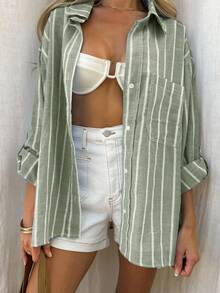 INAWLY 大码女式条纹落肩卷袖单排扣口袋休闲宽松衬衫 - 軍綠色 - 查看 3