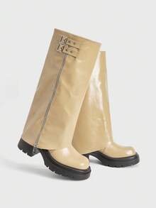 Sugerpunk Sepatu Bot Fashion Wanita dengan Desain Gesper, Sol Tebal, Hak Tinggi, Panjang Setengah Betis, Cocok untuk Pemakaian Sehari-hari - Khaki - View 5