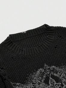 ROMWE MEN Goth Men's Distressed Apocalyptic Pattern Knit Sweater, Fall Winter - Black - View 3